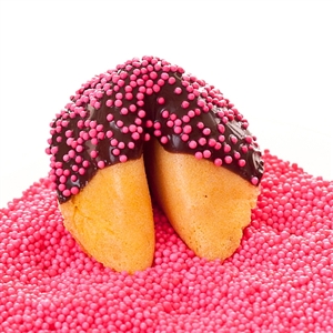 Custom fortune cookies in traditional vanilla flavor hand-dipped in your choice of milk, white or dark chocolate. Each fortune cookie is sprinkled with pink sprinkles.