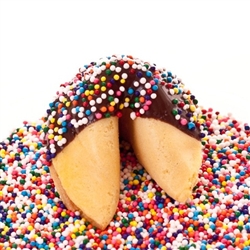 Custom fortune cookies in traditional vanilla flavor hand-dipped in your choice of milk, white or dark chocolate. Each fortune cookie is sprinkled with Rainbow sprinkles.