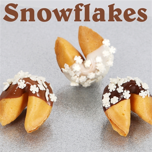 Traditional vanilla fortune cookies covered in dark chocolate with candy sprinkles shaped liked Snowflakes. Also choose from milk and white chocolate.