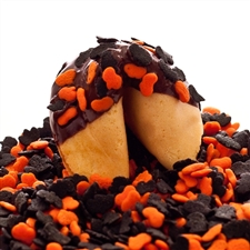 Traditional vanilla fortune cookies covered in dark chocolate with spooky bats and pumpkins! Also choose from milk and white chocolate.
