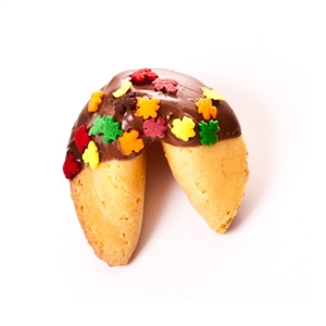 Traditional Vanilla Fortune Cookies covered in milk, white and dark chocolate with fall leaves sprinkles.