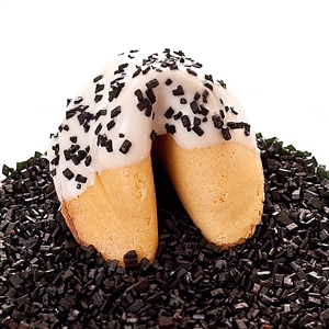 Traditional vanilla fortune cookies covered in white chocolate with black sprinkles. Also choose from milk and dark chocolate.