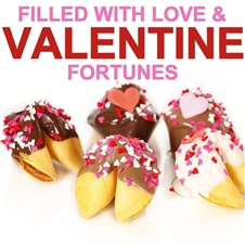 Fortune Cookies with messages for Valentine's Day. These gourmet fortune cookies are dipped in milk, white and dark chocolate then sprinkled with mini hearts of love.