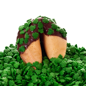 Traditional vanilla fortune cookies covered in dark chocolate with lucky shamrock sprinkles! Also choose from milk and white chocolate dipped fortune cookies.