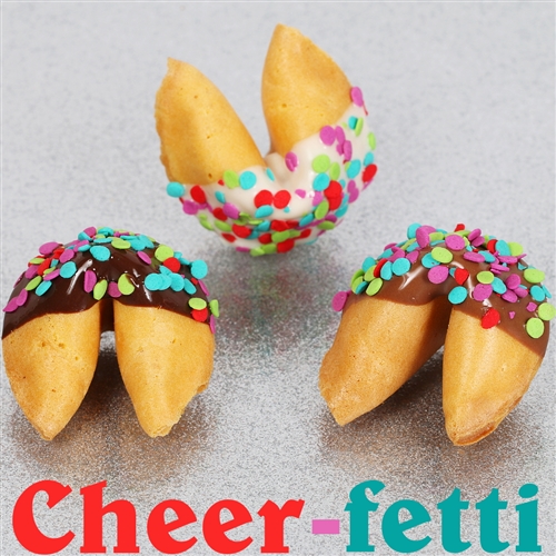 Traditional vanilla fortune cookies covered in chocolate with candy confetti sprinkles. Choose from milk, dark and white chocolate.