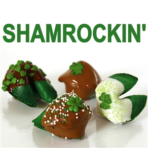 Fortune Cookies with messages for St Patrick's Day. These gourmet fortune cookies are dipped in milk, white and dark chocolate then sprinkled with luck and shamrocks.