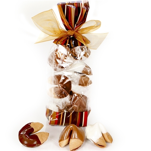 A classy french cello bag in coffee tones encloses a half dozen of our cappuccino fortune cookies. Each one hand dipped in Belgian chocolates.