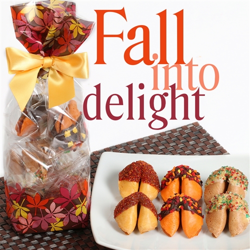 A classy french cello bag in coffee tones encloses a half dozen of our cappuccino fortune cookies. Each one hand dipped in Belgian chocolates.