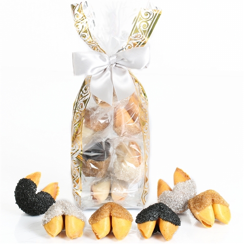 A cello bag containing 6 vanilla fortune cookies hand-dipped in white chocolate and coated in black, silver and gold sugar bling.