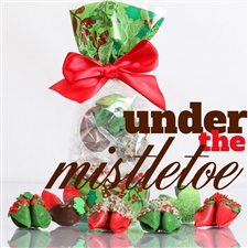 A classy french cello bag covered in mistletoe containing 6 assorted chocolate covered fortune cookies. Each one hand dipped in Belgian chocolates.