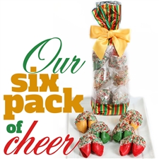 A classy french cello bag covered in festive stripes containing 6 assorted chocolate covered fortune cookies. Each one hand dipped in Belgian chocolates.