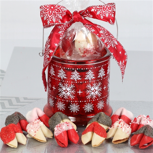 Chocolate covered fortune cookies. Each cookie is individually wrapped with Holiday messages of good cheer or a traditional good luck fortune.