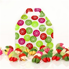 Chocolate covered fortune cookies in assorted holiday flavors and colors. Each cookie is individually wrapped with Holiday messages of good fortune and good cheer.