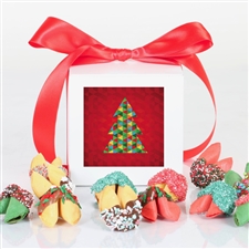 Mint and cherry flavored fortune cookies dipped in assorted chocolates with Christmas sprinkles.