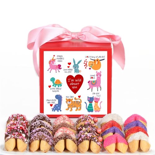 Wild About You gift box contains 24 chocolate covered fortune cookies. It's the perfect valentine's day gift for your sweetheart.