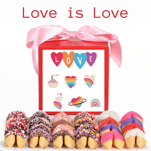 Love is Love gift box contains 24 chocolate covered fortune cookies. It's the perfect valentine's day gift for your sweetheart.