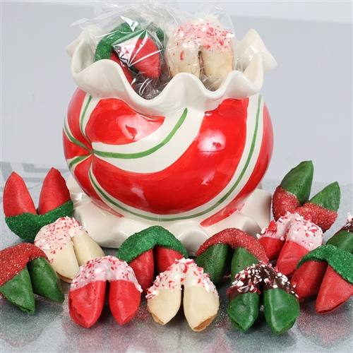 Chocolate covered fortune cookies. Each cookie is individually wrapped with Holiday messages of good cheer or a traditional good luck fortune.