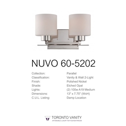 Nuvo 60-5202 Parallel 2-Light Wall Mounted Vanity Light in Polished Nickel Finish with Etched Opal Glass