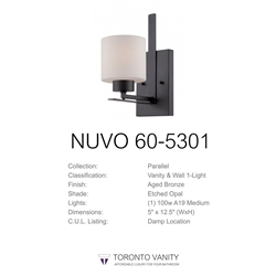 Nuvo 60-5301 Parallel 1-Light Wall Mounted Vanity Light in Aged Bronze Finish with Etched Opal Glass