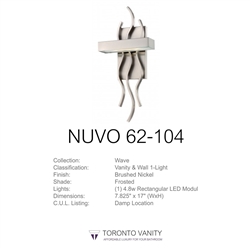 Nuvo 62-104 Wave1-Light Wall Mounted LED Wall Sconce with Frosted Glass in Brushed Nickel Finish