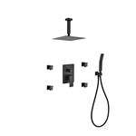 Aqua Piazza Black Brass Shower Set w/ 8" Ceiling Mount Square Rain Shower, Handheld and 4 Body Jets