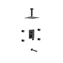 Aqua Piazza Black Brass Shower Set w/ 8" Ceiling Mount Square Rain Shower, Tub Filler and 4 Body Jets