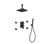 Aqua Piazza Black Brass Shower Set w/ 12" Ceiling Mount Square Rain Shower, 4 Body Jets and Handheld