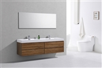 Bliss 72'' High Glossy Chestnut Wood Wall Mount  Double Sink Modern Bathroom Vanity