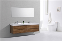 Bliss 72'' High Glossy Chestnut Wood Wall Mount  Double Sink Modern Bathroom Vanity