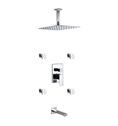 Aqua Piazza Shower Set w/ 12" Ceiling Mount Square Rain Shower, Tub Filler and 4 Body Jets