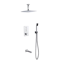 Aqua Piazza Thermostatic Shower Set w/ 12â€³ Ceiling Mount Square Rain Shower, Handheld and Tub Filler