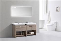 Levi 63" Havana Oak Double Sink Modern Bathroom Vanity w/ Cubby Hole