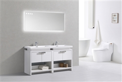 Levi 63" Gloss White Double Sink Modern Bathroom Vanity w/ Cubby Hole