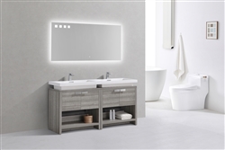 Levi 63" Ash Gray Double Sink Modern Bathroom Vanity w/ Cubby Hole