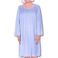 Home Care Line  Womens Blue Cotton Knit Long sleeve nightgown Lace trim Open back Velcro closure-patient gown