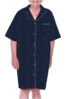 Home Care Line Mens 100% Cotton Blue Print Short Sleeve Pajama Nightshirt Faux Button Front Open Back-Velcro closure