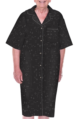 Home Care Line Mens Open Back 100% Cotton Black/Gray Aztec print Short Sleeve Pajama Nightshirt Faux Button Front Open Back-Velcro closure