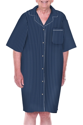 Home Care Line Mens 100% Cotton Blue/White Short Sleeve Pajama Nightshirt Short sleeve Faux Button Front Open Back-Velcro closure