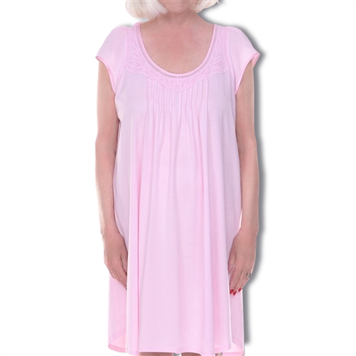 Home Care Line  Womens Pink Cotton Knit Cap sleeve nightgown Lace trim Open back Velcro closure