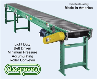 10MPA-22-70,  Light Duty, Belt Driven, Minimum Pressure, Accumulating, Roller Conveyor, 22" Between Frame, 70' Overall Length