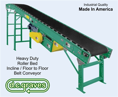 HRF-12-28, Heavy Duty Roller Bed Floor to Floor / Incline Belt Conveyor, 12" Belt Width, 28' Bed Length