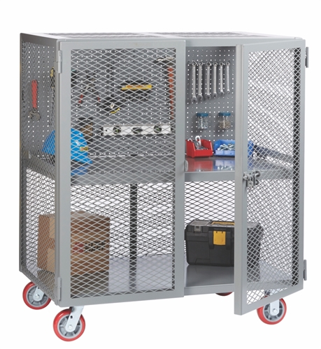 Mesh Security Cart with Pegboard Panel and Middle Shelf