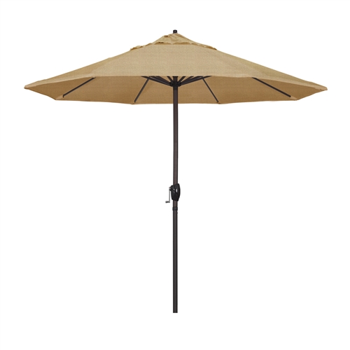 California Umbrella 9' Patio Umbrella Bronze Aluminum Pole, Auto Tilt, Crank Lift, Olefin Woven Sesame Fabric  