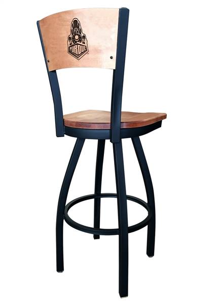 Purdue 36" Swivel Bar Stool with Black Wrinkle Finish and a Laser Engraved Back  