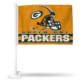 Green Bay Packers Yellow Helmet Double Sided Car Flag -  16" x 19" - Strong Pole that Hooks Onto Car/Truck/Automobile    