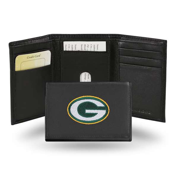 Green Bay Packers  Embroidered Genuine Leather Tri-fold Wallet 3.25" x 4.25" - Slim    