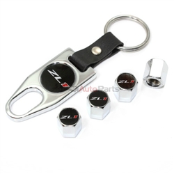 Chevy Camaro ZL1 Logo Chrome Tire/Wheel Stem Valve Caps + Wrench Key Chain Set