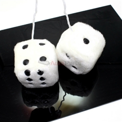 2 Premium White-Black Fuzzy Plush Mirror Hanging 2.5" Dice for Car-Truck