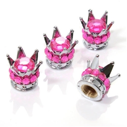 4 Chrome Crown Pink Bling Diamond Tire/Wheel Stem Valve Caps car truck hot rod