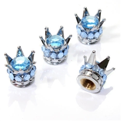 4 Chrome Crown Light Blue Bling Diamond Tire/Wheel Stem Valve Caps car truck